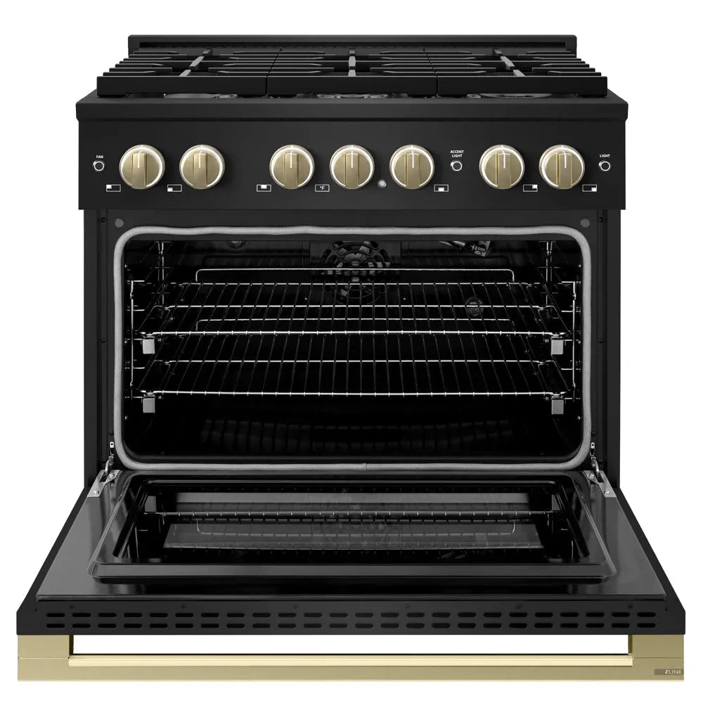 ZLINE Autograph Edition Marino 36-inch range in black stainless steel and champagne bronze accents MGRBZ-36-CB, front view