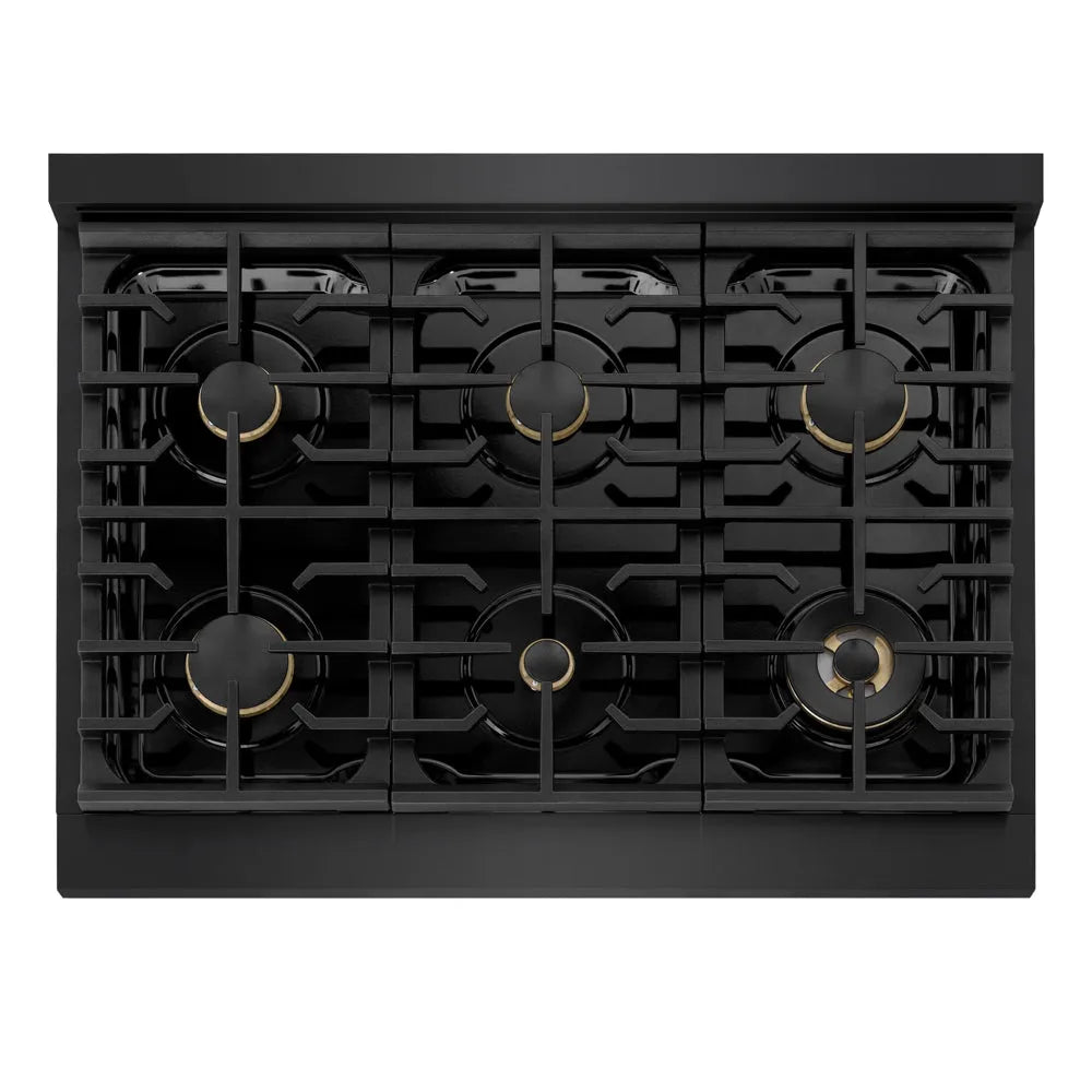 ZLINE Autograph Edition Marino 36-inch range in black stainless steel and champagne bronze accents MGRBZ-36-CB, from above