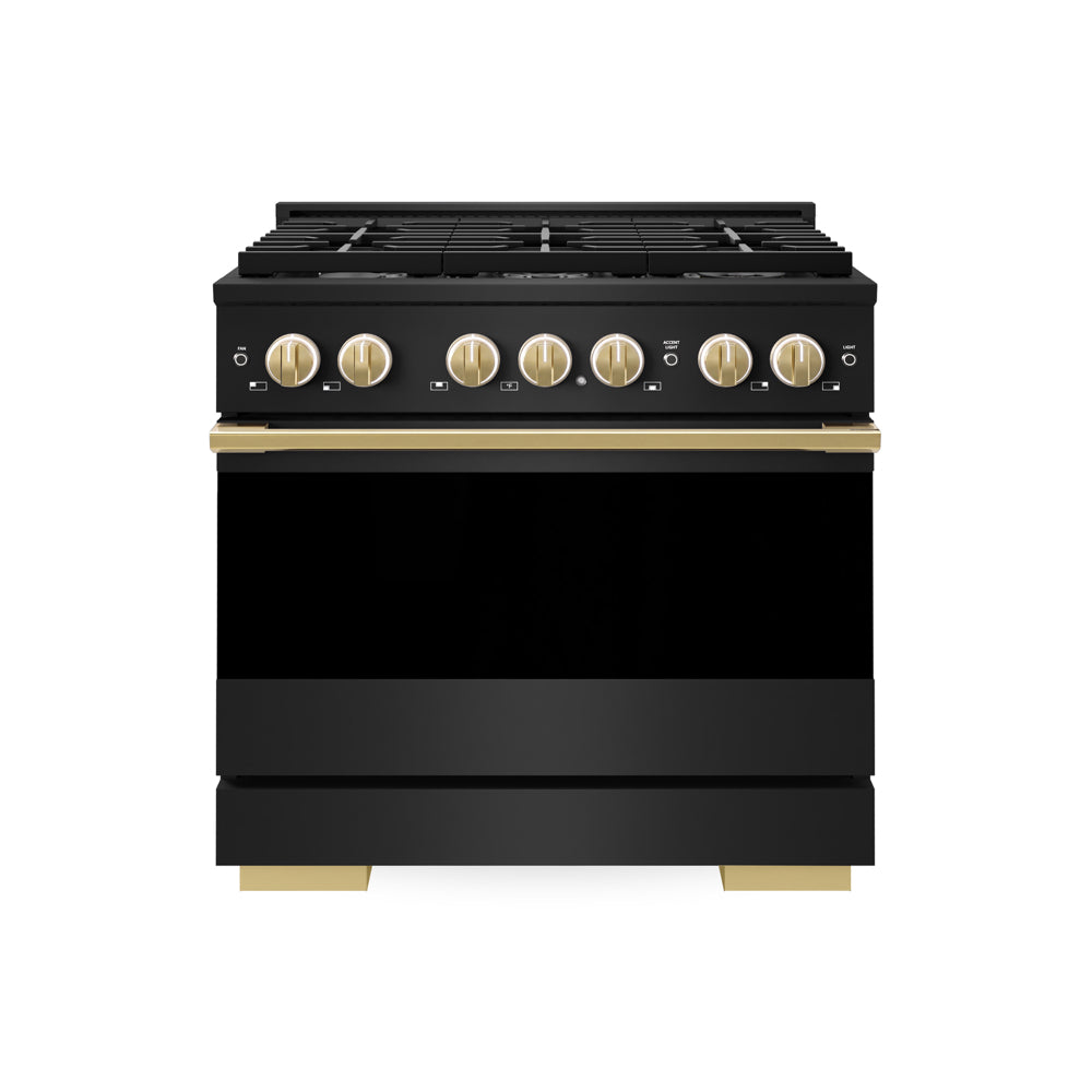 ZLINE Autograph Edition Marino 36-inch range in black stainless steel and polished gold accents MGRBZ-36-G