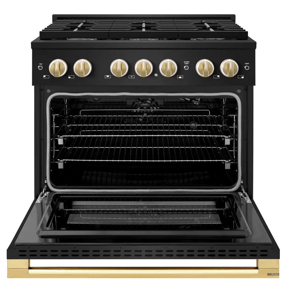 ZLINE Autograph Edition Marino 36-inch range in black stainless steel and polished gold accents MGRBZ-36-G, front view