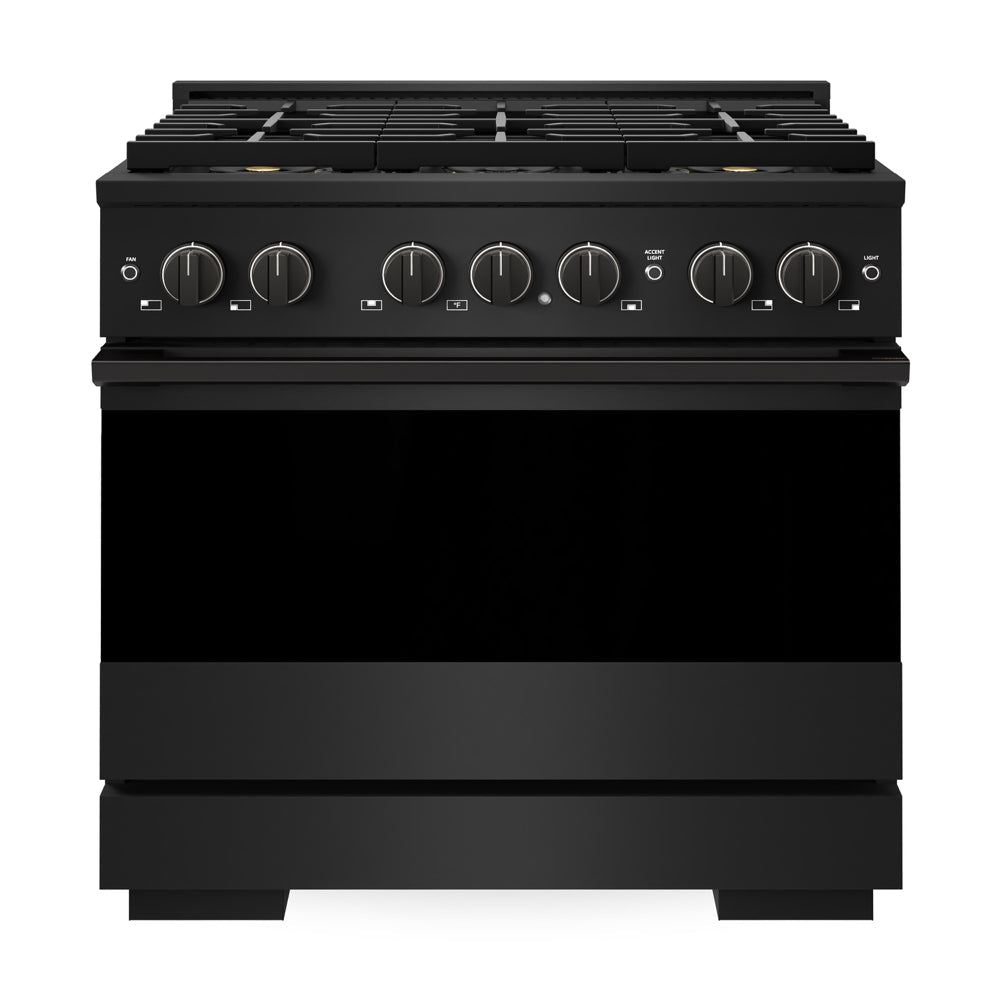 ZLINE Marino 36-inch range in black stainless steel PMGRB-36, front view