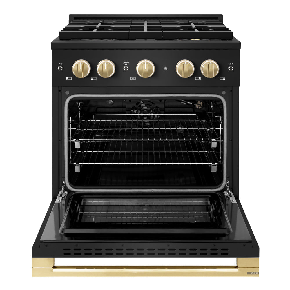 ZLINE Autograph Edition Marino 30-inch range in black stainless steel and polished gold accents PMGRBZ-30-G, front view