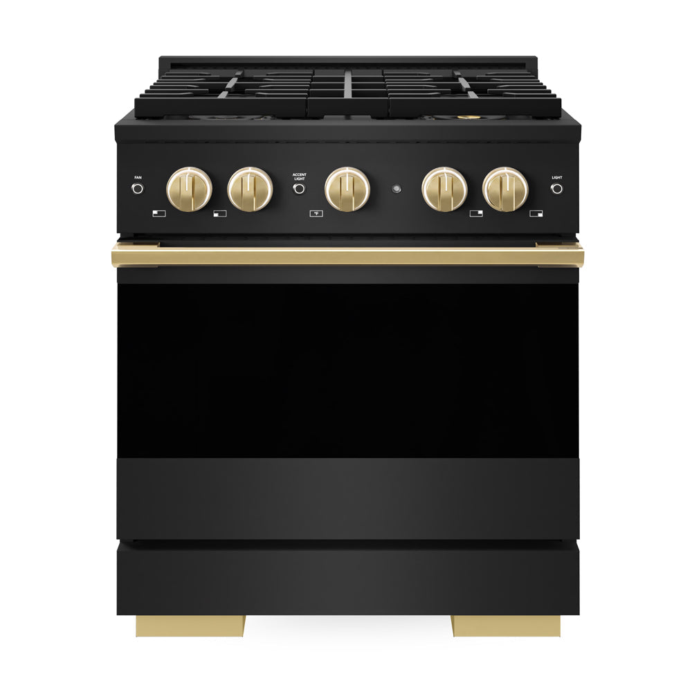 ZLINE Autograph Edition Marino 30-inch range in black stainless steel and polished gold accents PMGRBZ-30-G, front view