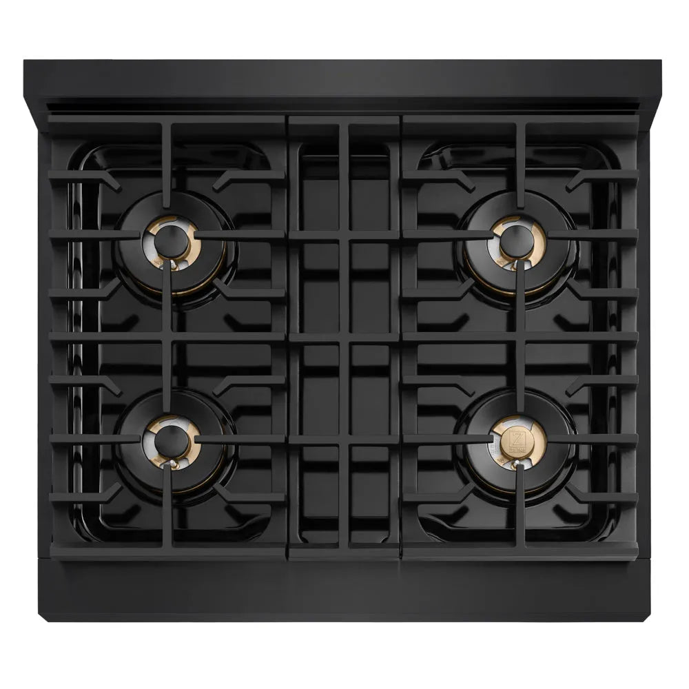 ZLINE Autograph Edition Marino 30-inch range in black stainless steel and polished gold accents PMGRBZ-30-G, from above