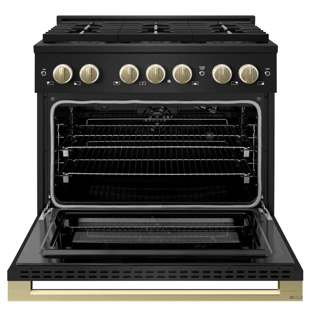 ZLINE Autograph Edition Marino 36-inch range in black stainless steel and champagne bronze accents PMGRBZ-36-CB, front view