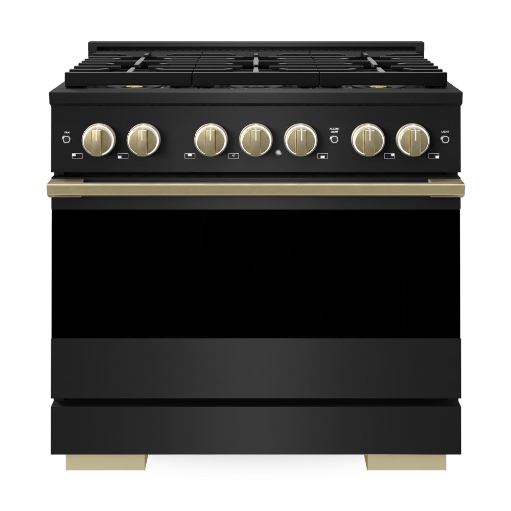 ZLINE Autograph Edition Marino 36-inch range in black stainless steel and champagne bronze accents PMGRBZ-36-CB, front view