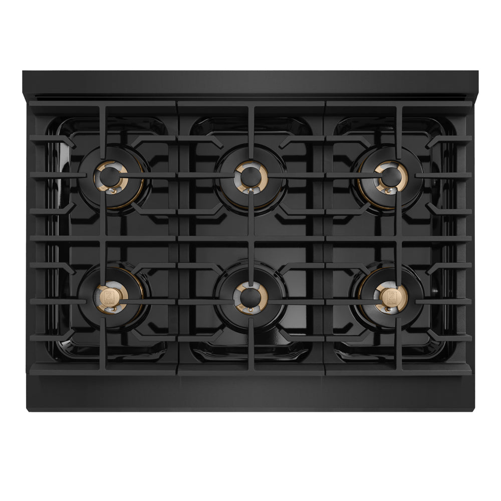 ZLINE Autograph Edition Marino 36-inch range in black stainless steel and champagne bronze accents PMGRBZ-36-CB, from above