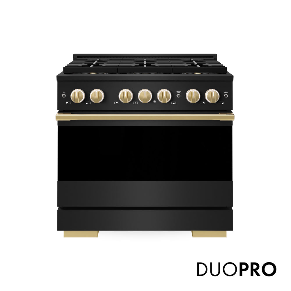 ZLINE Autograph Edition Marino 36-inch range in black stainless steel and polished gold accents PMGRBZ-36-G