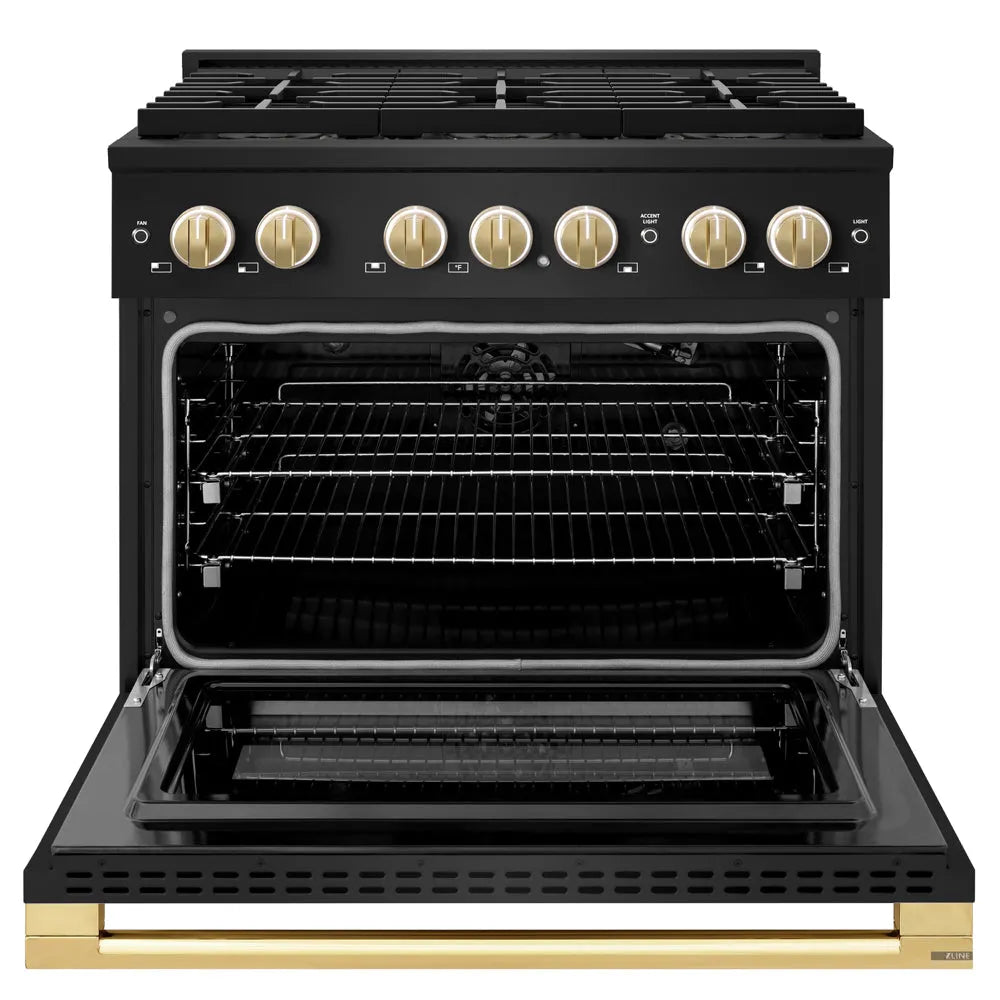 ZLINE Autograph Edition Marino 36-inch range in black stainless steel and polished gold accents PMGRBZ-36-G, front view