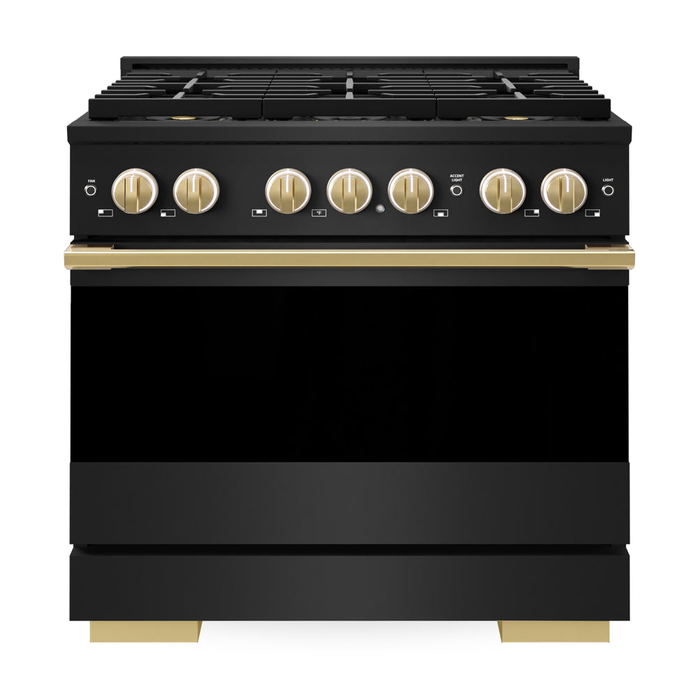 ZLINE Autograph Edition Marino 36-inch range in black stainless steel and polished gold accents PMGRBZ-36-G, front view