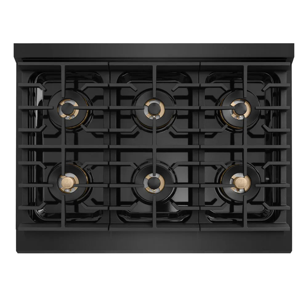 ZLINE Autograph Edition Marino 36-inch range in black stainless steel and polished gold accents PMGRBZ-36-G, from above