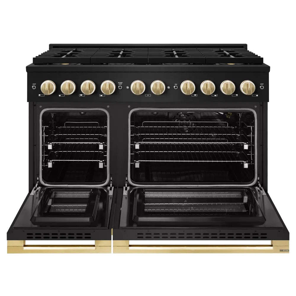 ZLINE Autograph Edition Marino 48-inch range in black stainless steel and polished gold accents PMGRBZ-48-G, front view