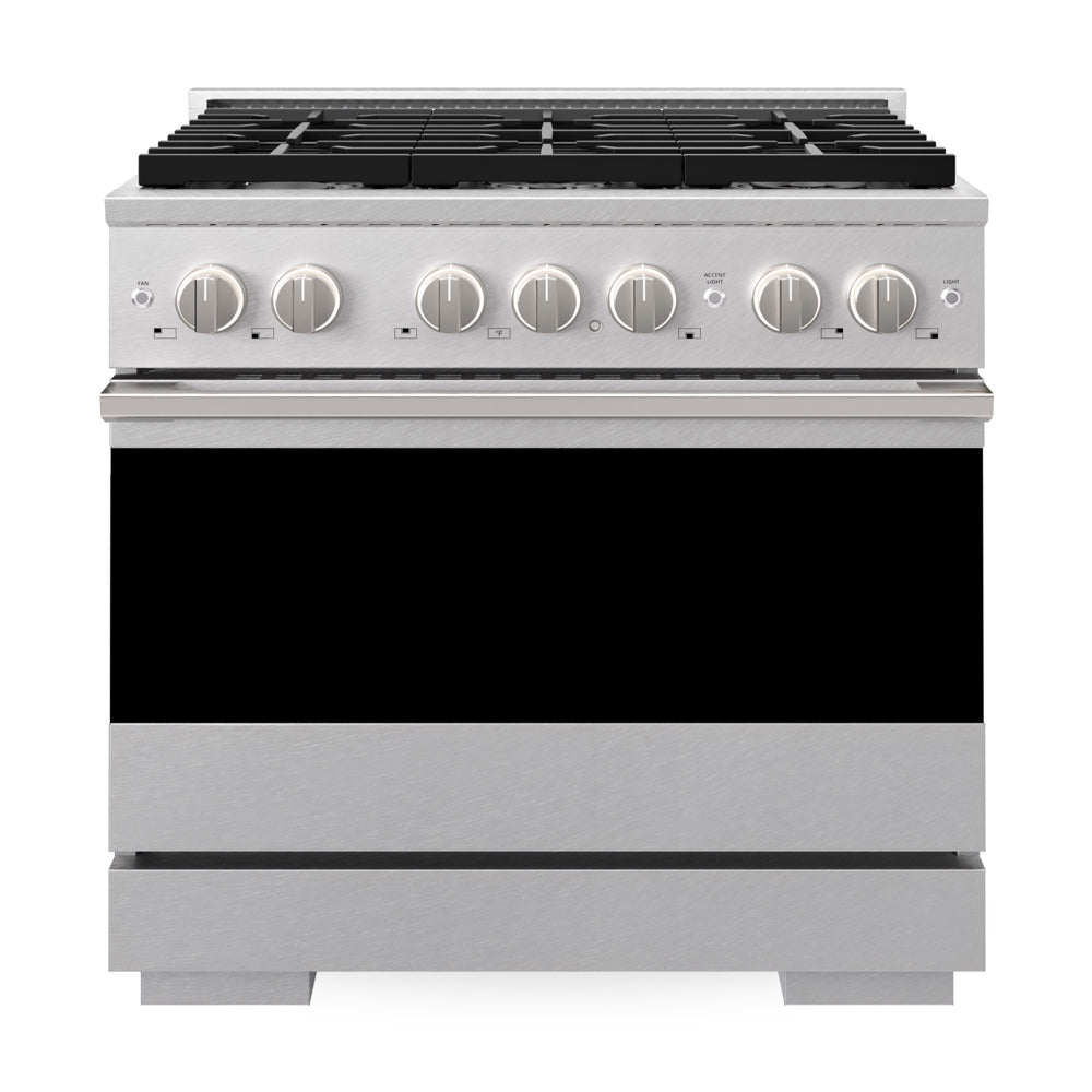 ZLINE Marino 36-inch range in satin stainless steel MDRS-BR-36, front view