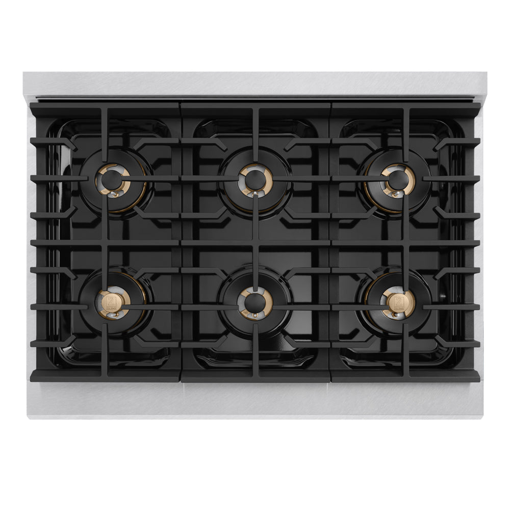 ZLINE Autograph Edition Marino 36-inch range in satin stainless steel and champagne bronze accents PMDRSZ-36-CB, from above