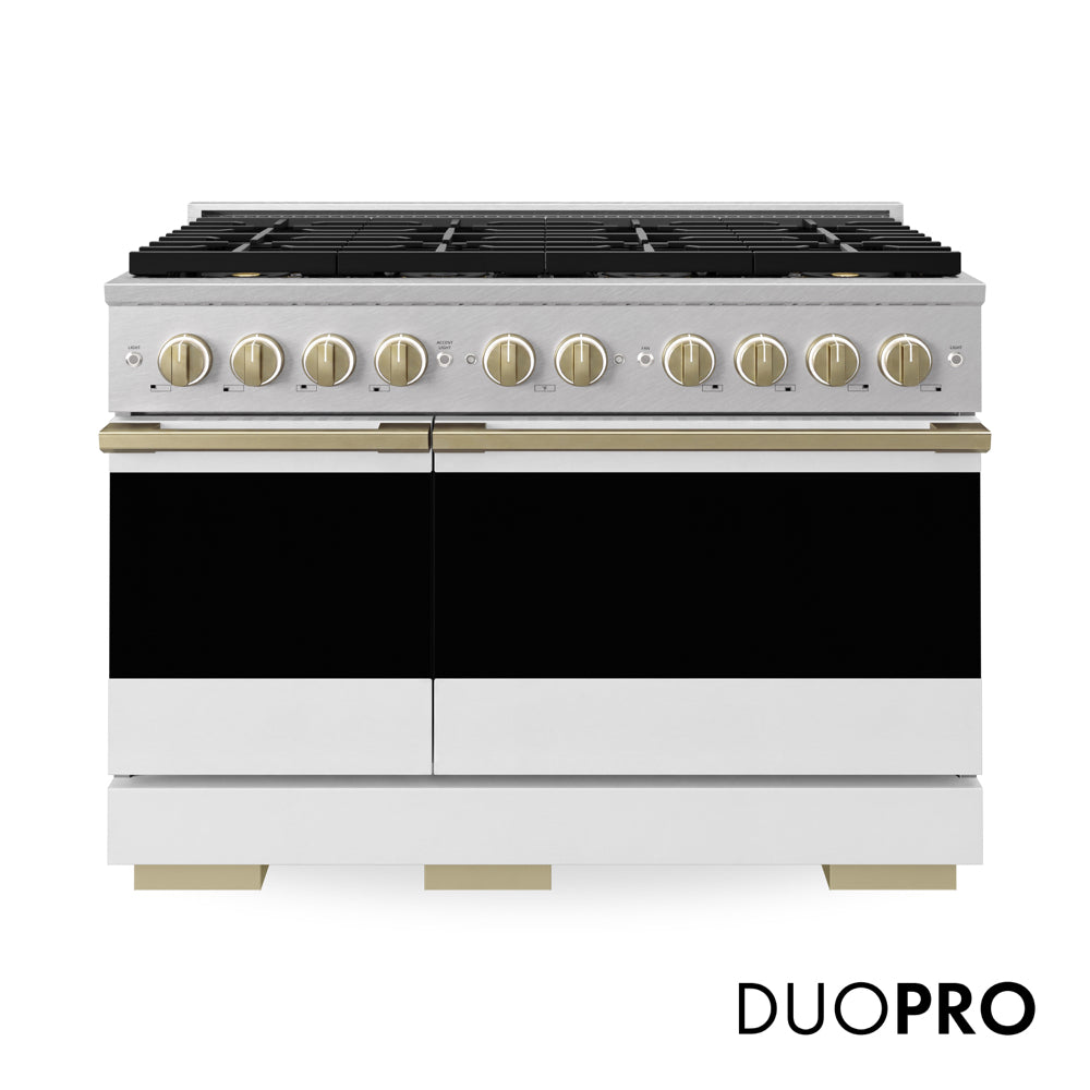ZLINE Autograph Edition Marino 48-inch range in satin stainless steel with white matte door and champagne bronze accents PMDRSZ-WM-48-CB