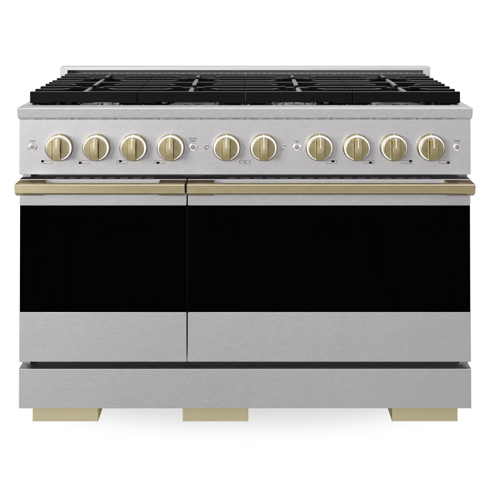 ZLINE Autograph Edition Marino 48-inch range in satin stainless steel and champagne bronze accents MDRSZ-48-CB, front view