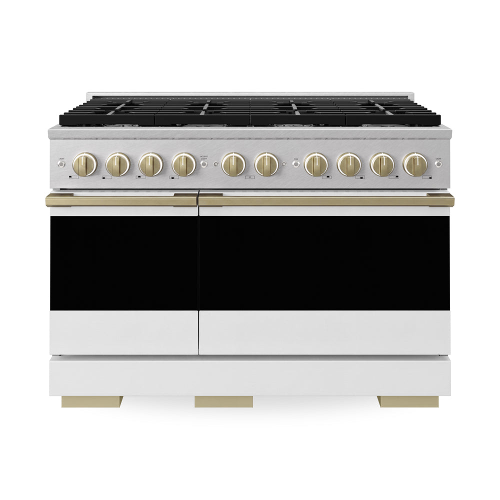ZLINE Autograph Edition Marino 48-inch range in satin stainless steel with white matte door and champagne bronze accents MDRSZ-WM-48-CB