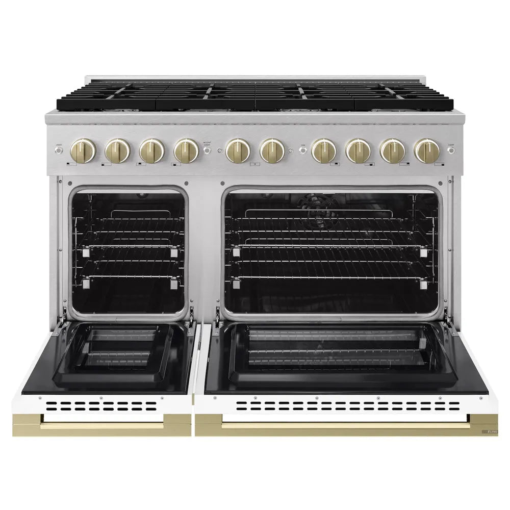 ZLINE Autograph Edition Marino 48-inch range in satin stainless steel with white matte door and champagne bronze accents MDRSZ-WM-48-CB, front view