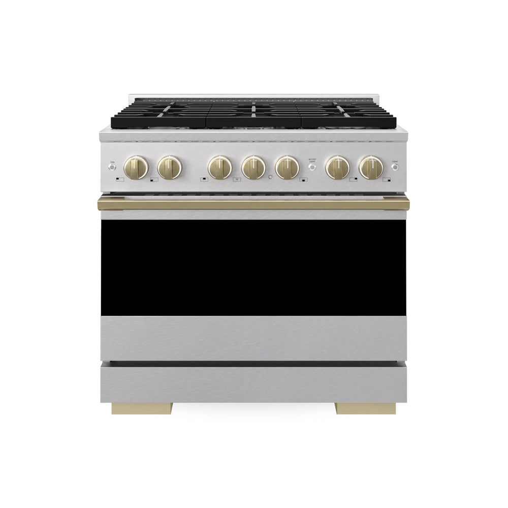 ZLINE Autograph Edition Marino 36-inch range in satin stainless steel and champagne bronze accents MGRSZ-36-CB