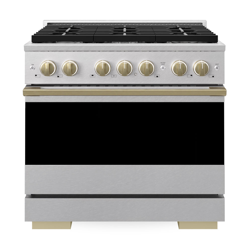 ZLINE Autograph Edition Marino 36-inch range in satin stainless steel and champagne bronze accents MGRSZ-36-CB, front view