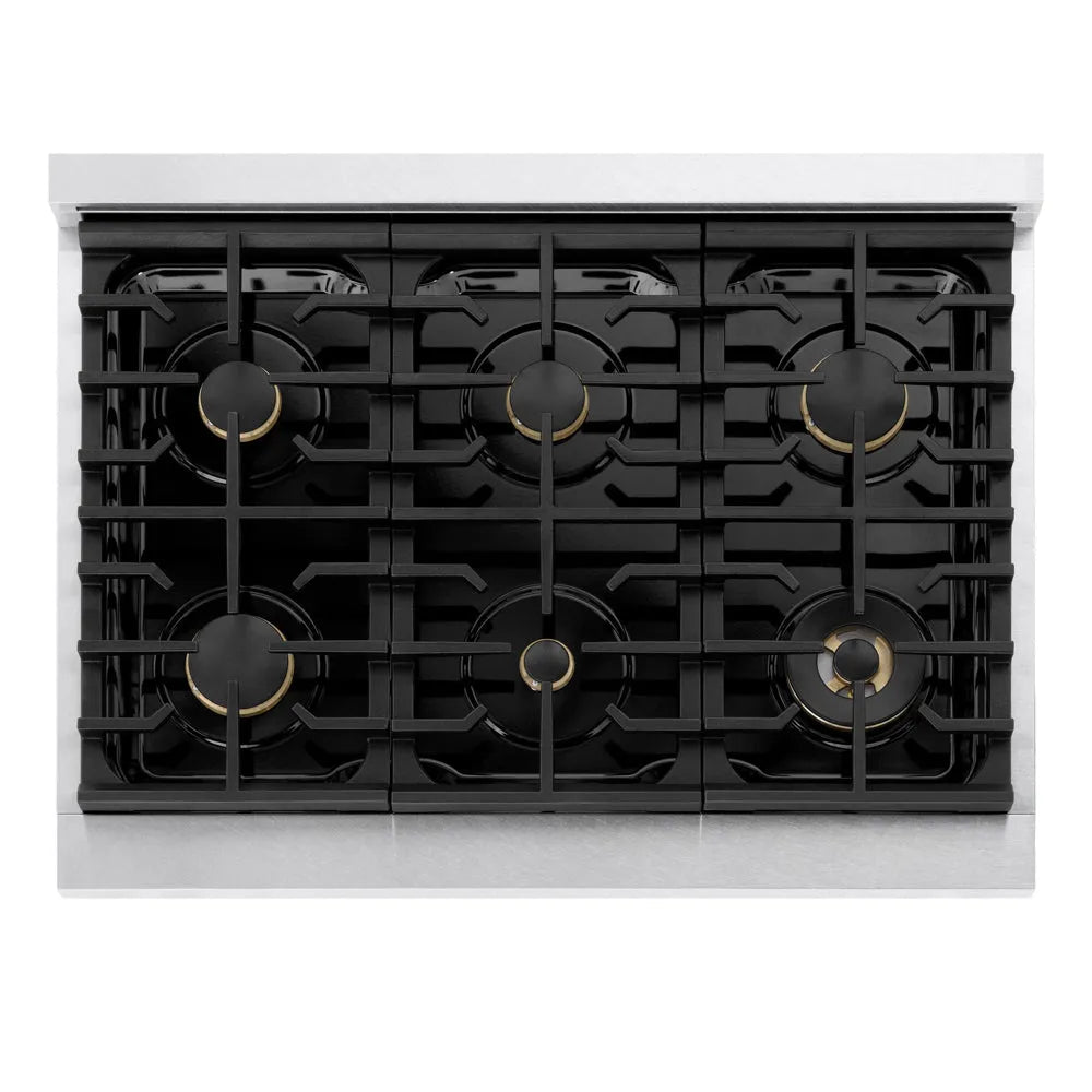ZLINE Autograph Edition Marino 36-inch range in satin stainless steel and champagne bronze accents MGRSZ-36-CB, from above
