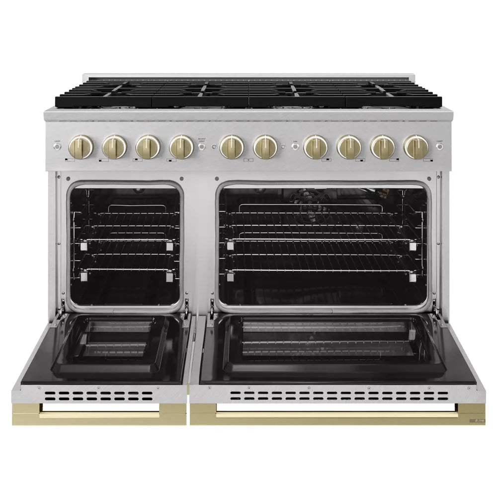ZLINE Autograph Edition Marino 48-inch range in satin stainless steel and champagne bronze accents MGRSZ-48-CB, front view