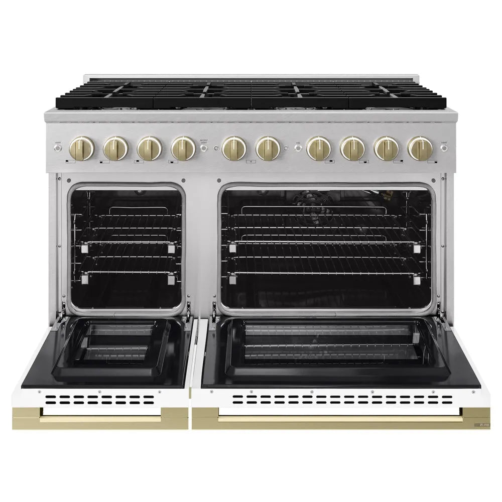 ZLINE Autograph Edition Marino 48-inch range in satin stainless steel with white matte door and champagne bronze accents MGRSZ-WM-48-CB, front view