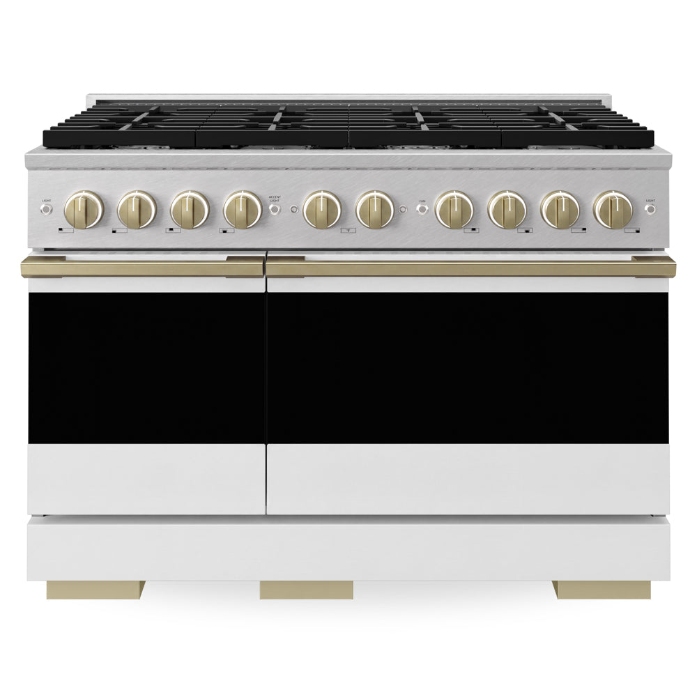ZLINE Autograph Edition Marino 48-inch range in satin stainless steel with white matte door and champagne bronze accents MGRSZ-WM-48-CB, front view