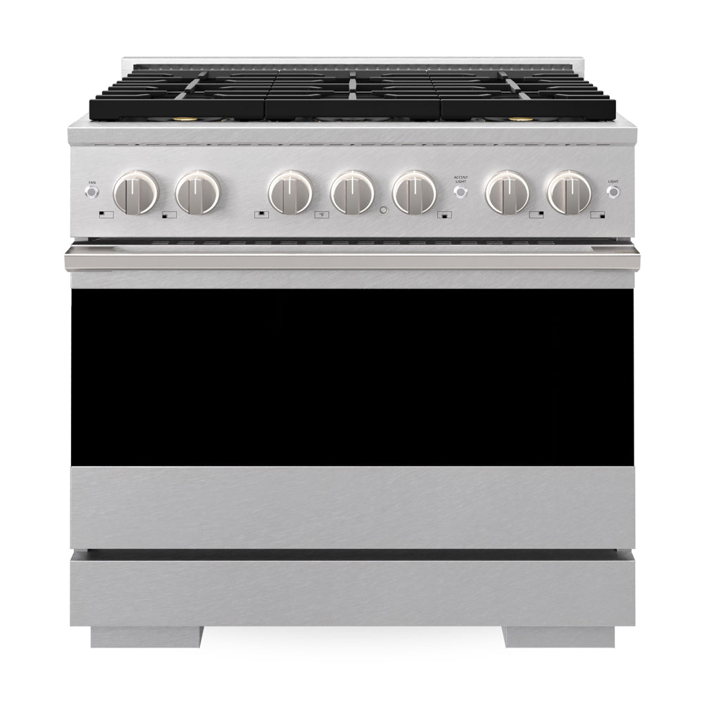 ZLINE Marino 36-inch range in satin stainless steel PMGRS-36, front view