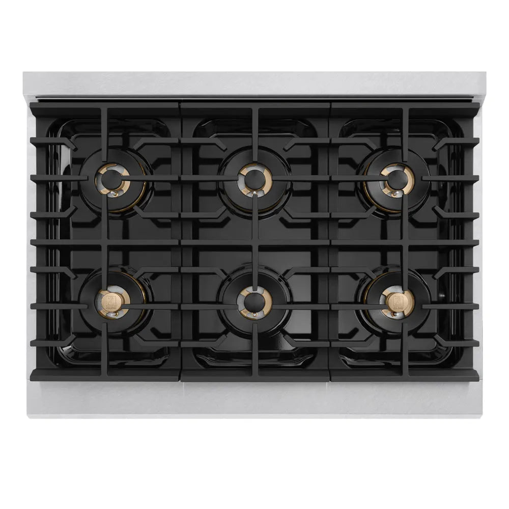 ZLINE Marino 36-inch range in satin stainless steel PMGRS-36, from above