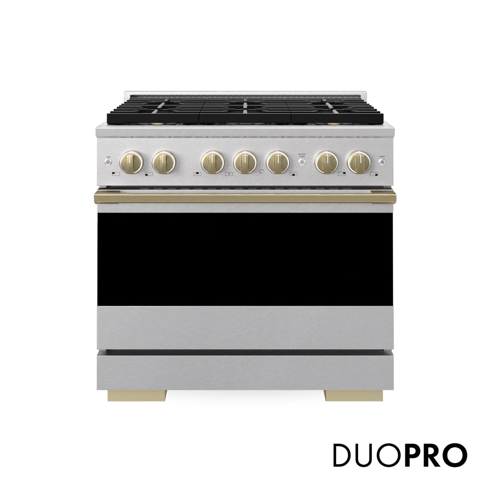 ZLINE Autograph Edition Marino 36-inch range in satin stainless steel and champagne bronze accents PMGRSZ-36-CB