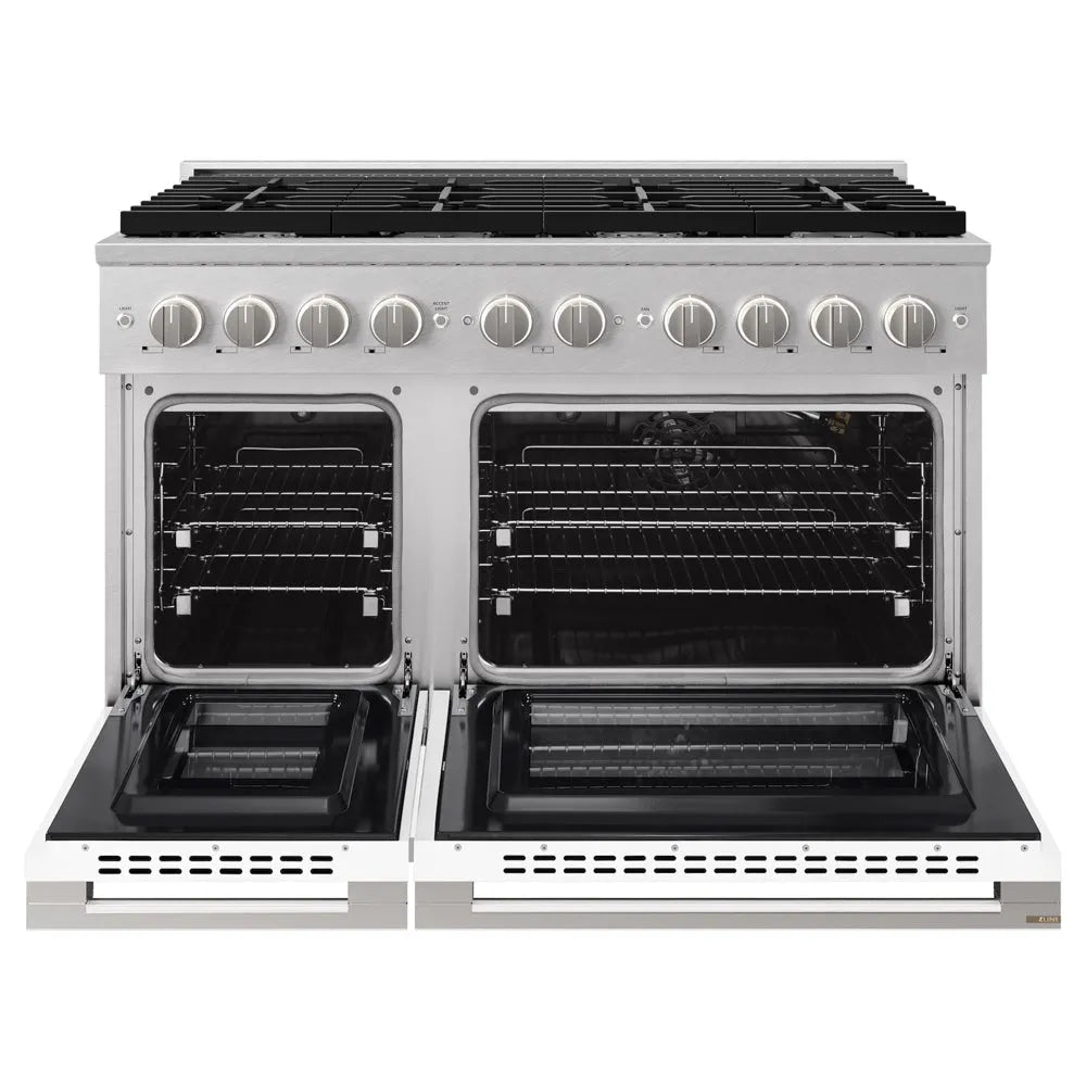 ZLINE Marino 48-inch range in satin stainless steel with white matte door MGRS-WM-48, front view