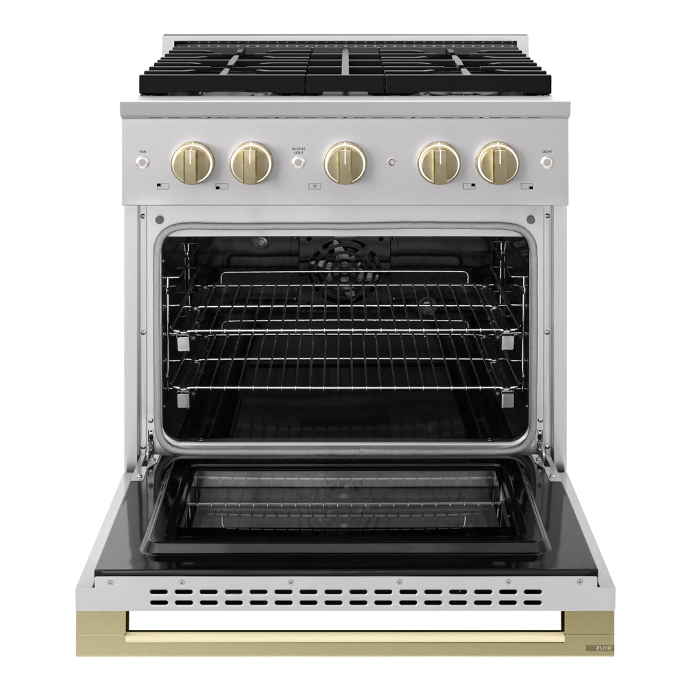 ZLINE Autograph Edition Marino 30-inch range in stainless steel and champagne bronze accents MDRZ-30-CB, front view