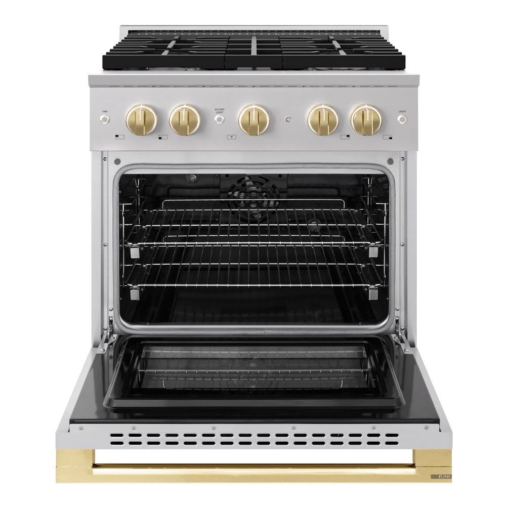 ZLINE Autograph Edition Marino 30-inch range in stainless steel and polished gold accents MDRZ-30-G, front view
