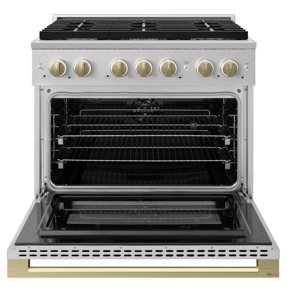 ZLINE Autograph Edition Marino 36-inch range in stainless steel and champagne bronze accents MDRZ-36-CB, front view
