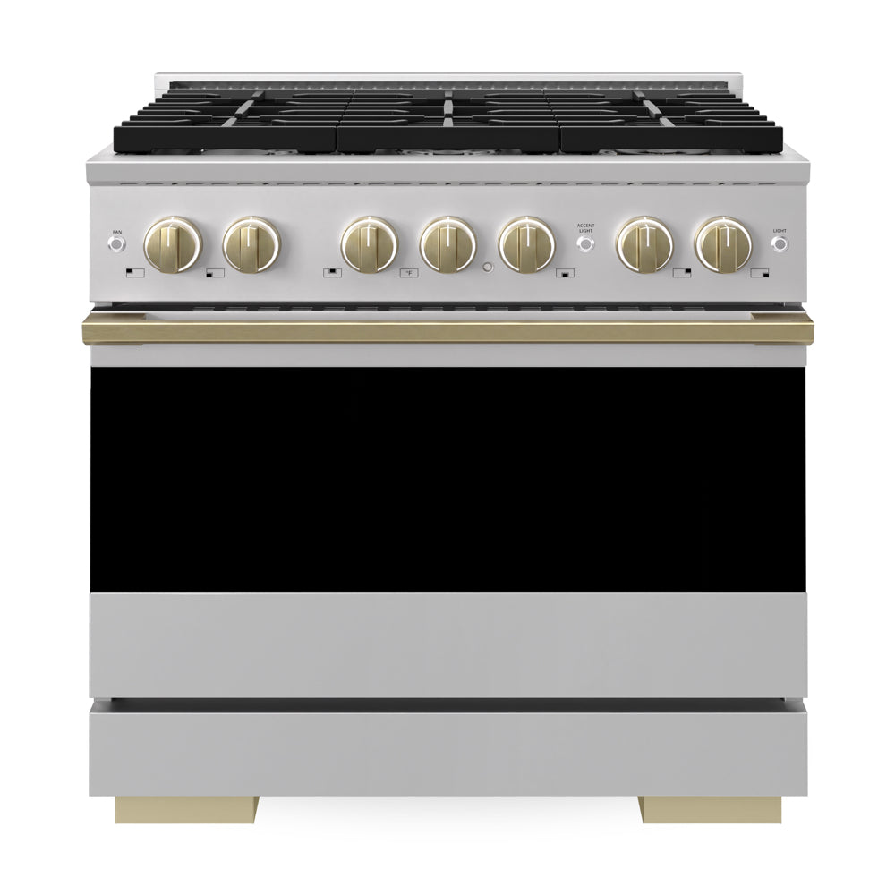 ZLINE Autograph Edition Marino 36-inch range in stainless steel and champagne bronze accents MDRZ-36-CB, front view