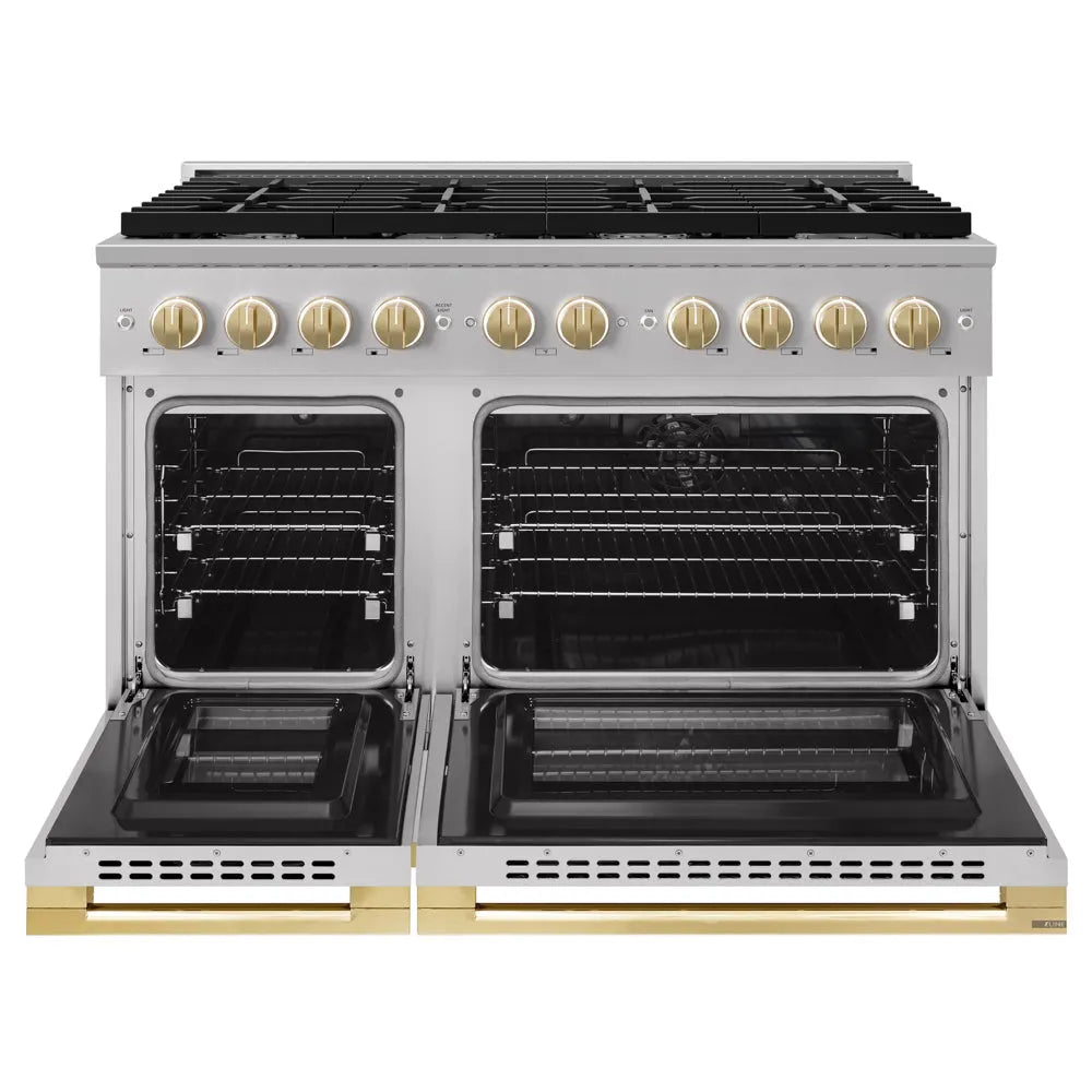 ZLINE Autograph Edition Marino 48-inch range in stainless steel and polished gold accents MDRZ-48-G, front view