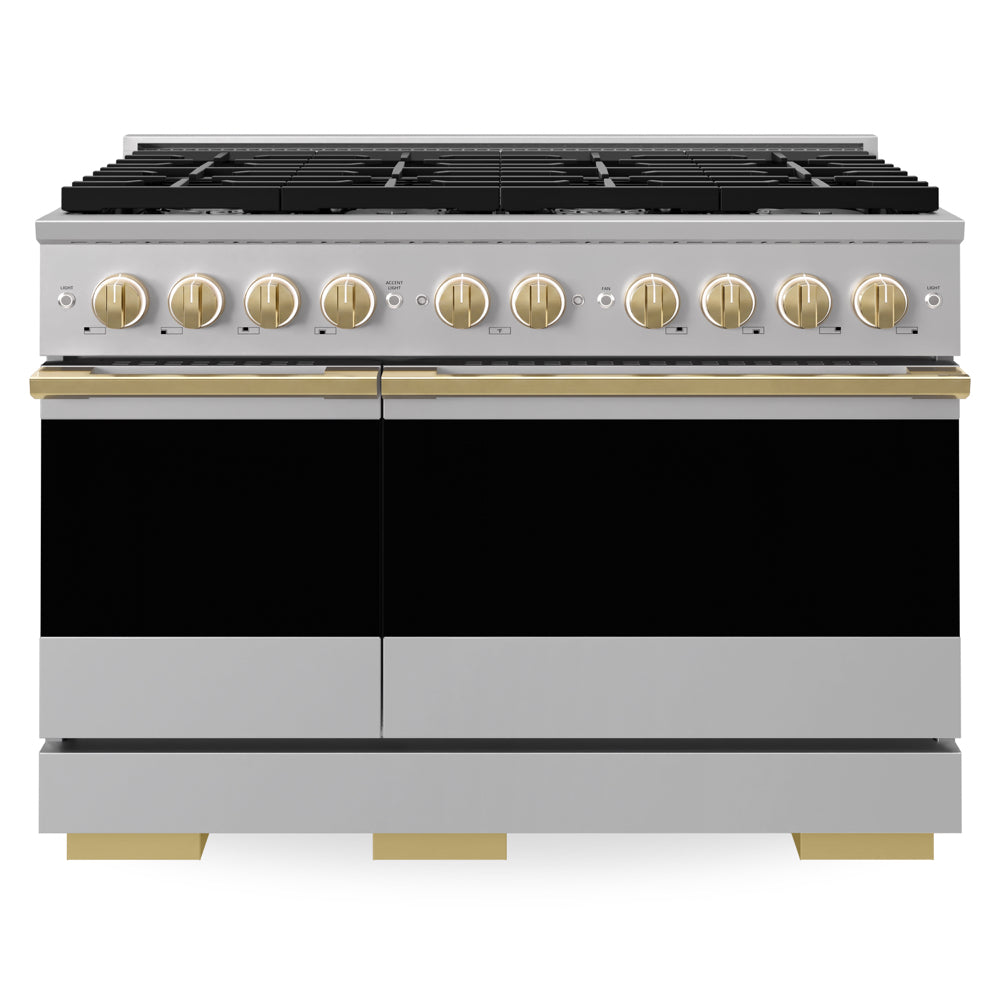 ZLINE Autograph Edition Marino 48-inch range in stainless steel and polished gold accents MDRZ-48-G, front view