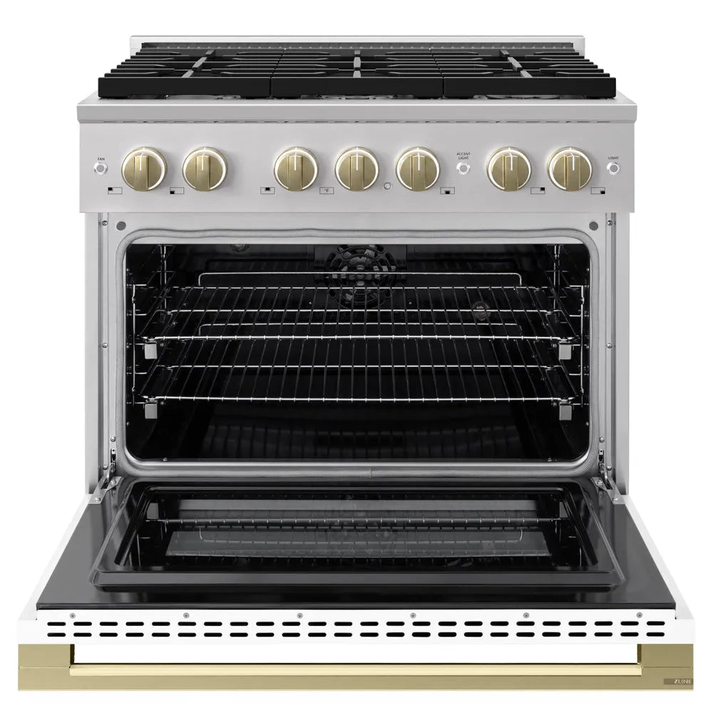 ZLINE Autograph Edition Marino 36-inch range in stainless steel with white matte door and champagne bronze accents MDRZ-WM-36-CB, front view