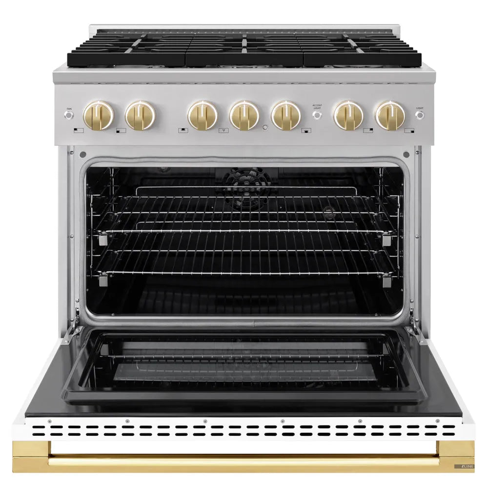 ZLINE Autograph Edition Marino 36-inch range in stainless steel with white matte door and polished gold accents MDRZ-WM-36-G, front view