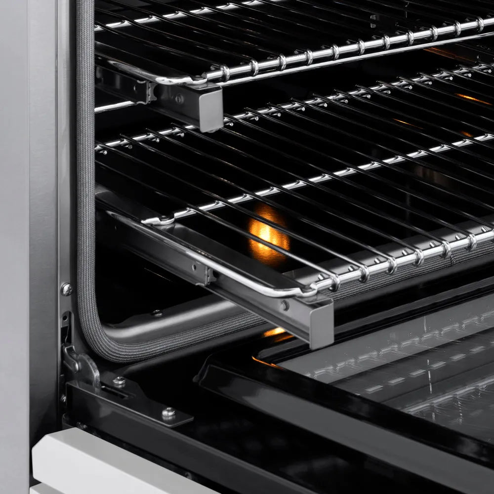 ZLINE Autograph Edition Marino 36-inch range in stainless steel with white matte door and matte black accents MDRZ-WM-36-MB, detail