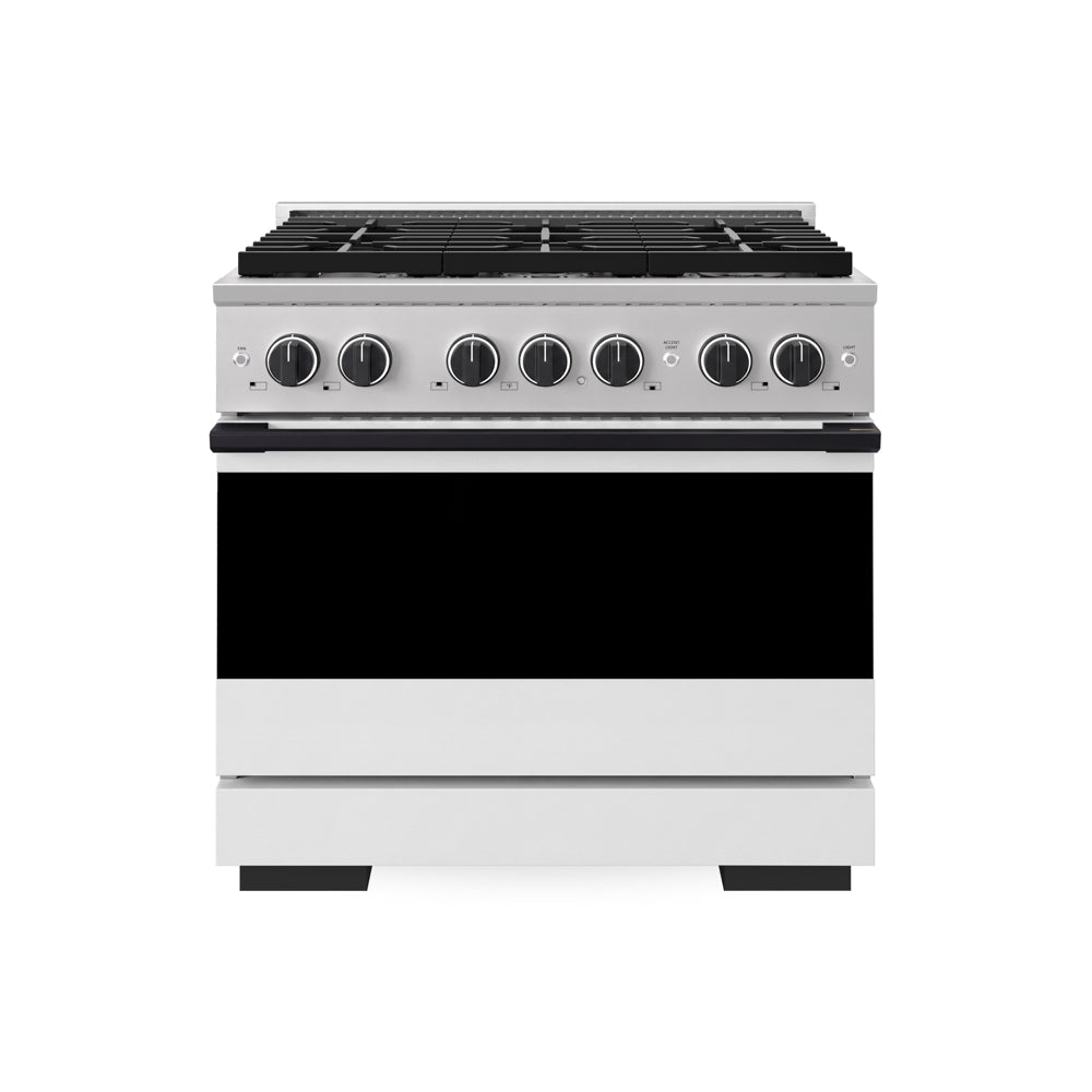 ZLINE Autograph Edition Marino 36-inch range in stainless steel with white matte door and matte black accents MDRZ-WM-36-MB
