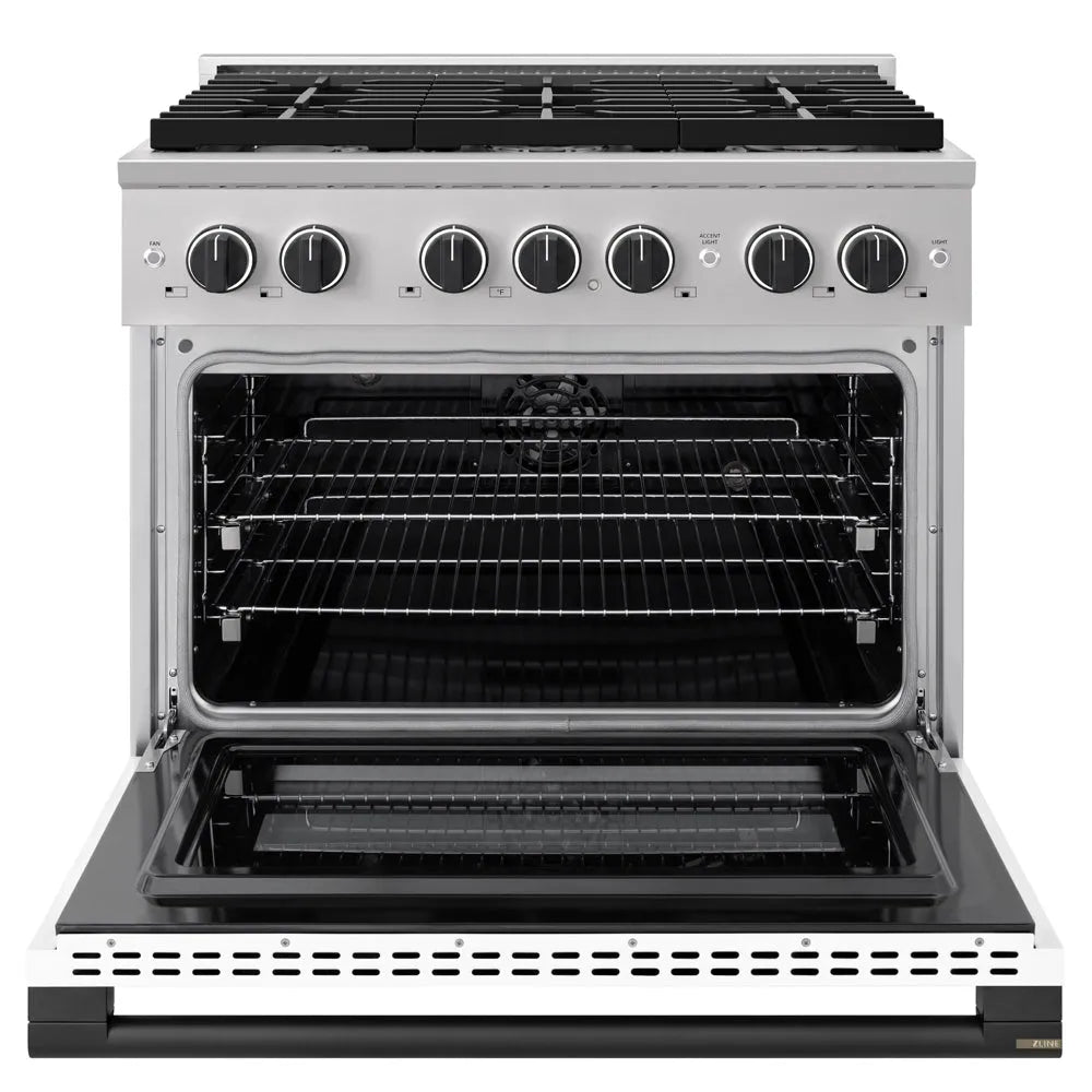 ZLINE Autograph Edition Marino 36-inch range in stainless steel with white matte door and matte black accents MDRZ-WM-36-MB, front view