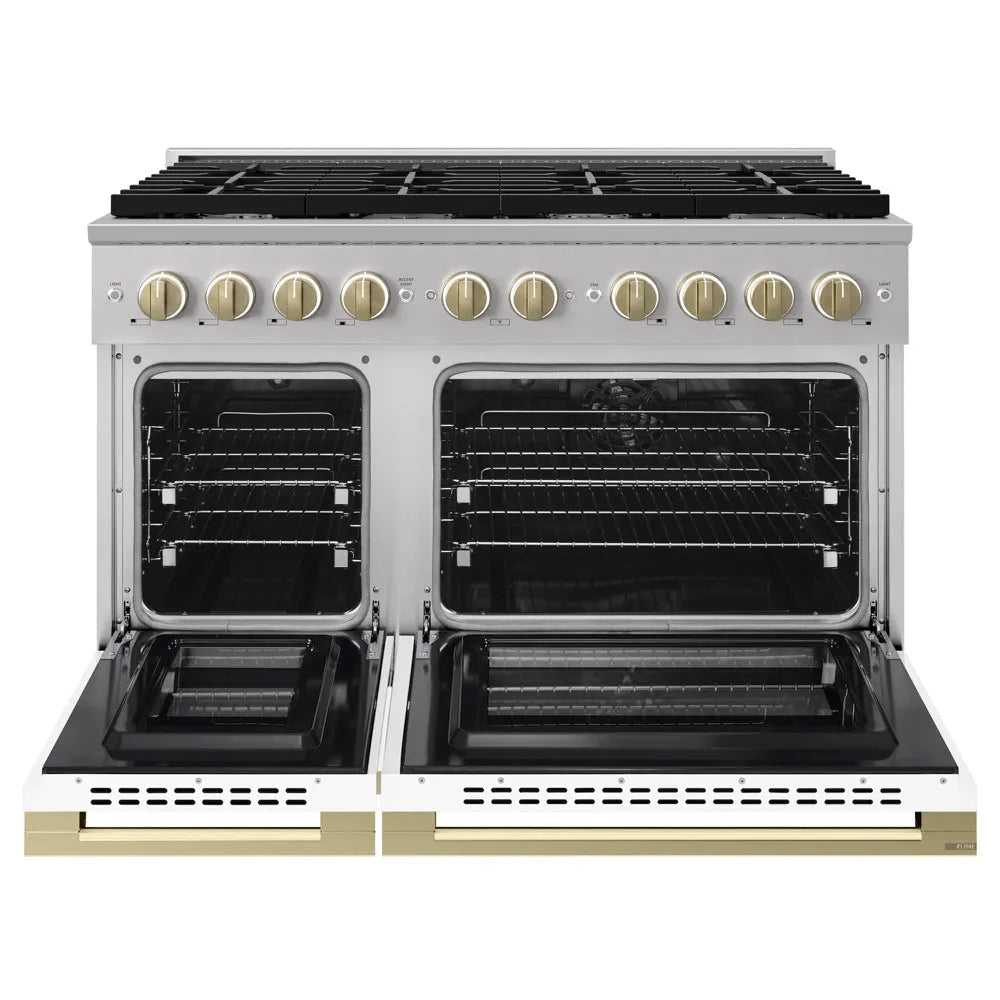 ZLINE Autograph Edition Marino 48-inch range in stainless steel with white matte door and champagne bronze accents MDRZ-WM-48-CB, front view
