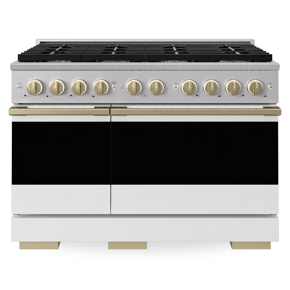 ZLINE Autograph Edition Marino 48-inch range in stainless steel with white matte door and champagne bronze accents MDRZ-WM-48-CB, front view