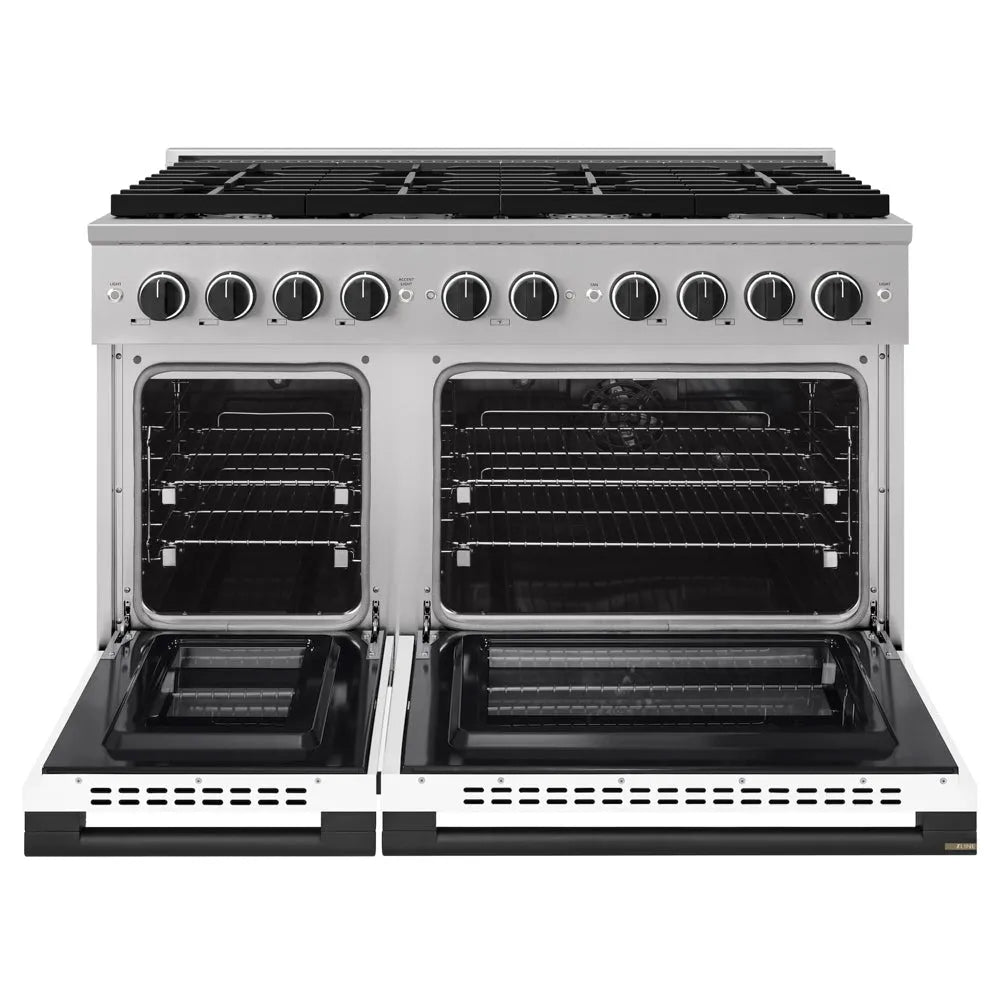 ZLINE Autograph Edition Marino 48-inch range in stainless steel with white matte door and matte black accents MDRZ-WM-48-MB, front view