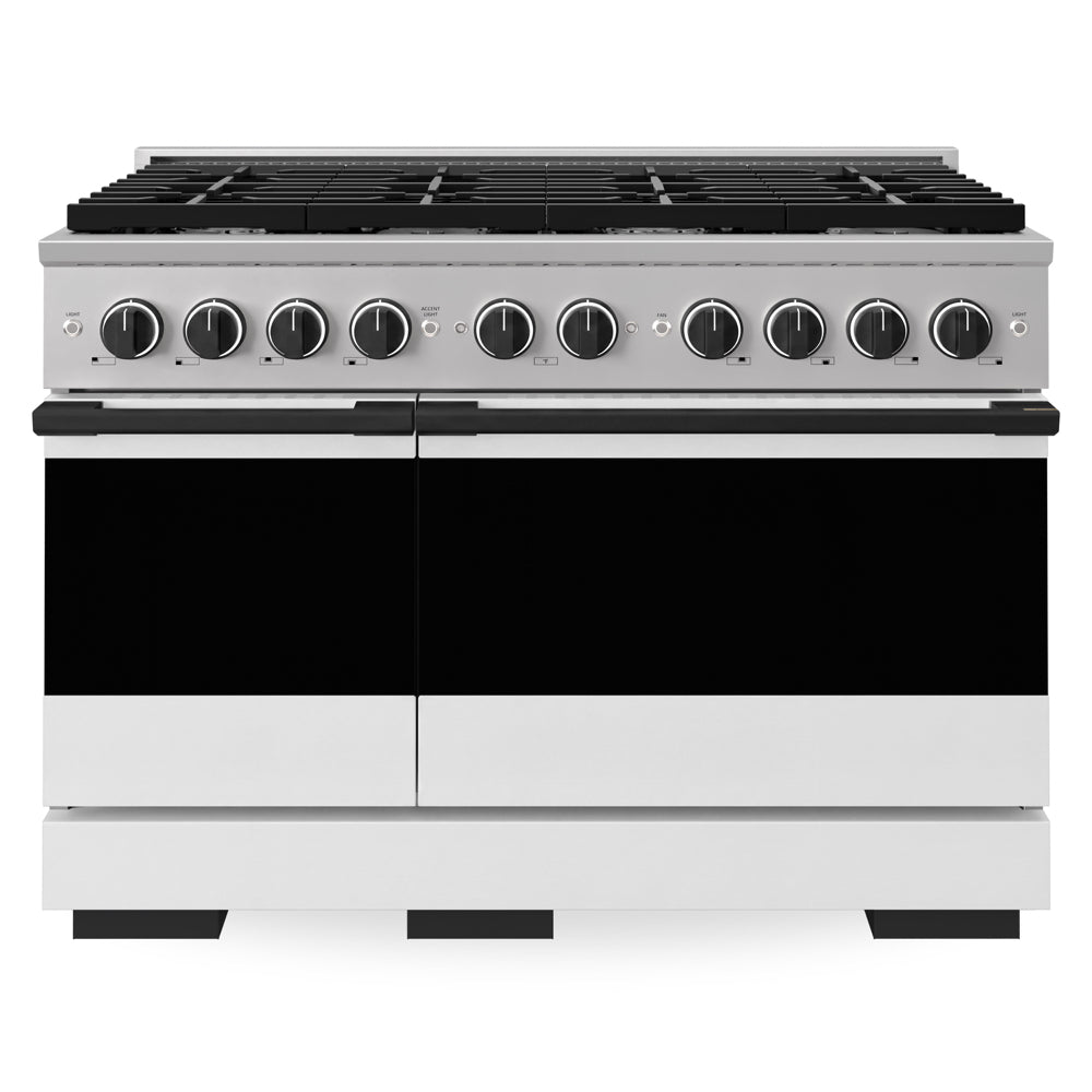 ZLINE Autograph Edition Marino 48-inch range in stainless steel with white matte door and matte black accents MDRZ-WM-48-MB, front view
