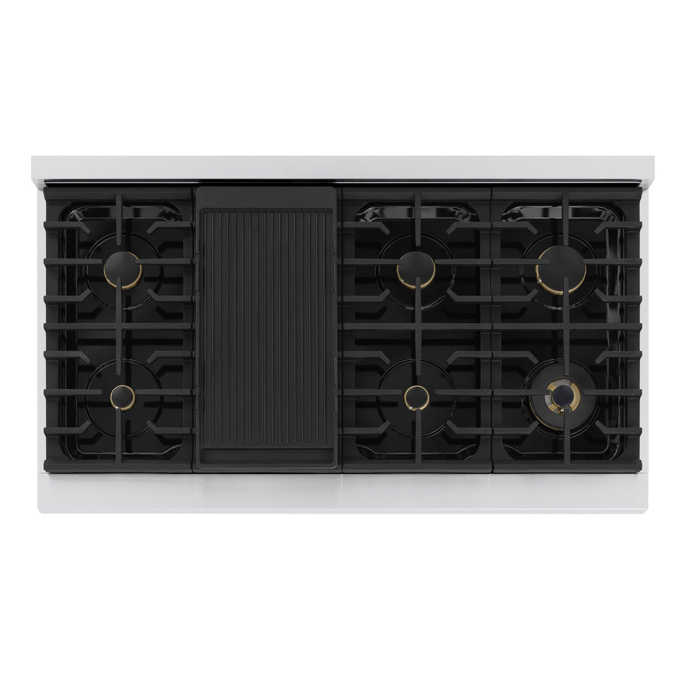ZLINE Autograph Edition Marino 48-inch range in stainless steel with white matte door and matte black accents MDRZ-WM-48-MB, from above