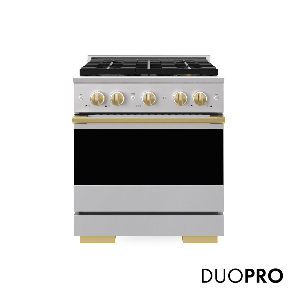 ZLINE Autograph Edition Marino 30-inch range in stainless steel with satin stainless steel door and polished gold accents PMDRZ-30-G