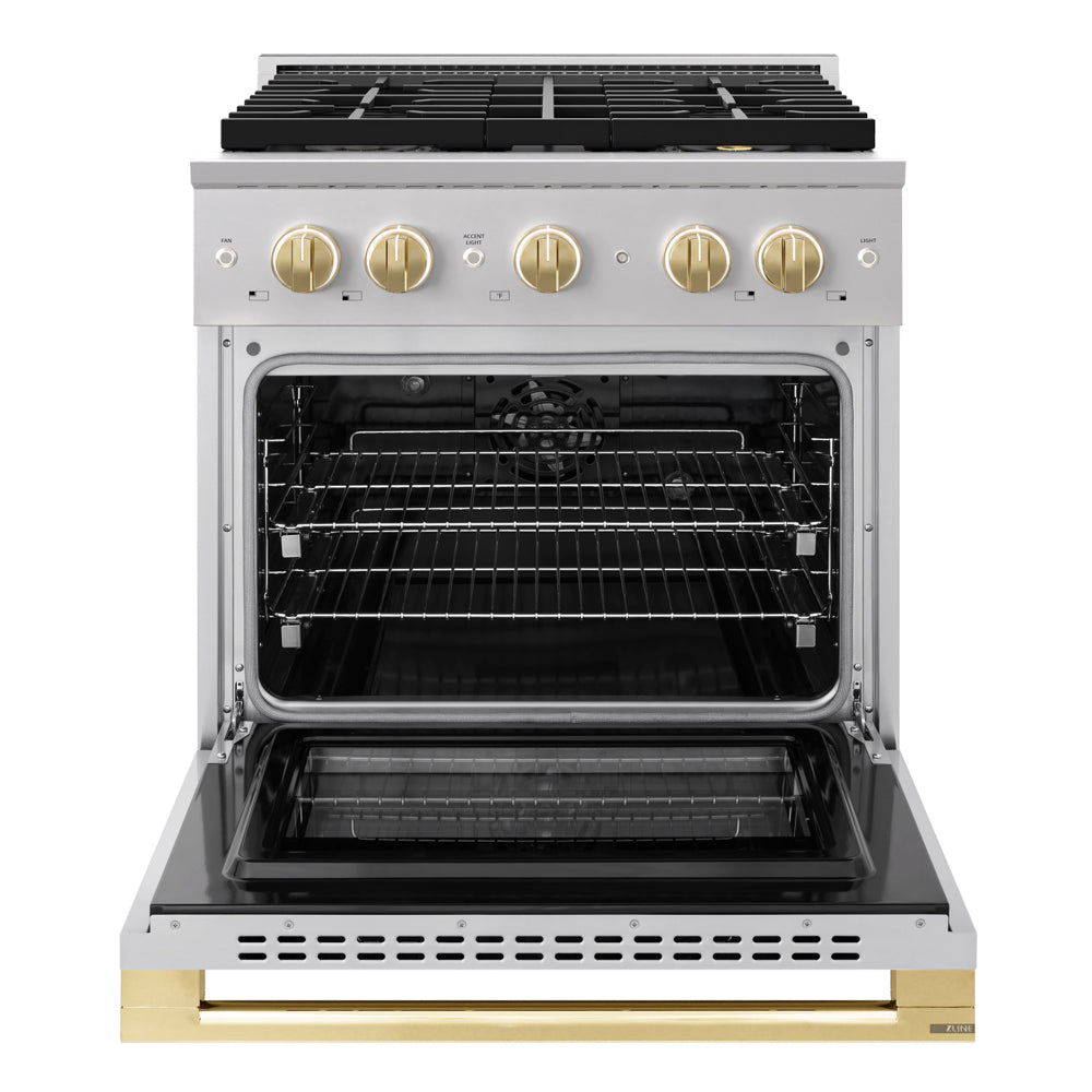 ZLINE Autograph Edition Marino 30-inch range in stainless steel with satin stainless steel door and polished gold accents PMDRZ-30-G, front view